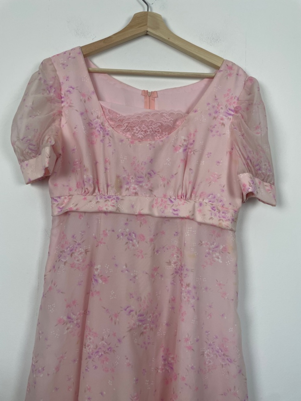 VTG Sheer Women's Lace Neckline Cottagecore Pink Floral Puff-Sleeve Maxi Dress - Picture 4 of 7